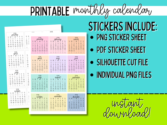 Printable 2026 Monthly Calendar Stickers