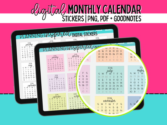 Digital Monthly Calendar Stickers for 2026