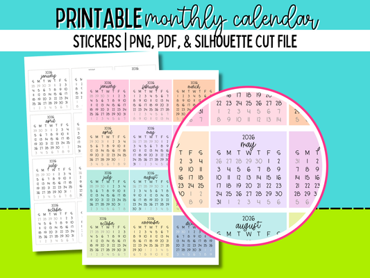 Printable 2026 Monthly Calendar Stickers